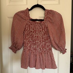 MAX STUDIO / SMOCKED BALLOON SLEEVE PEPLUM BLOUSE / SMALL / RED + CREAM